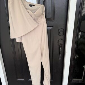 Lavish Alice Nude/Sandy Beige Strapless One-Shoulder Cape Jumpsuit with